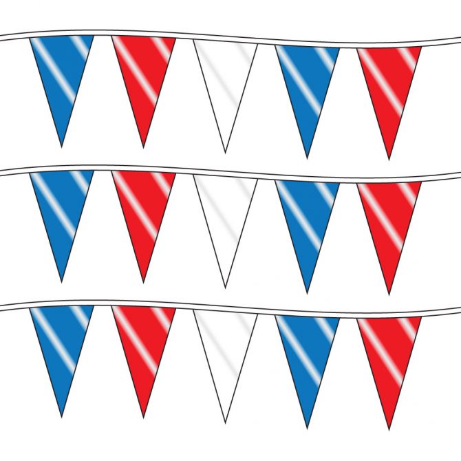 100ft of Plastic Stringed Wide Red, White, and Blue Pennants